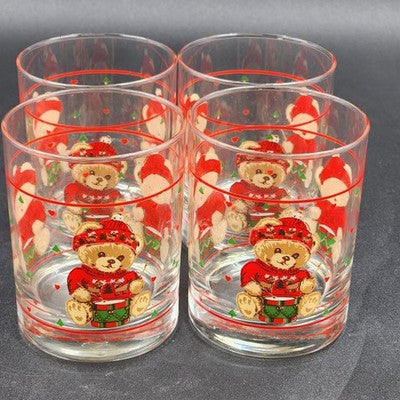 Vintage Tienshan Theodore Country Bear Christmas Glasses – Set of 4 Double Old Fashioned Tumblers – Holiday Barware – 4.25” Tall