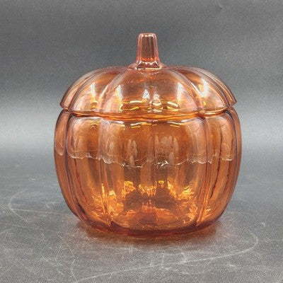 Orange Glass Pumpkin Shape Cookie Jar Candy Dish with Lid Anchor Hocking