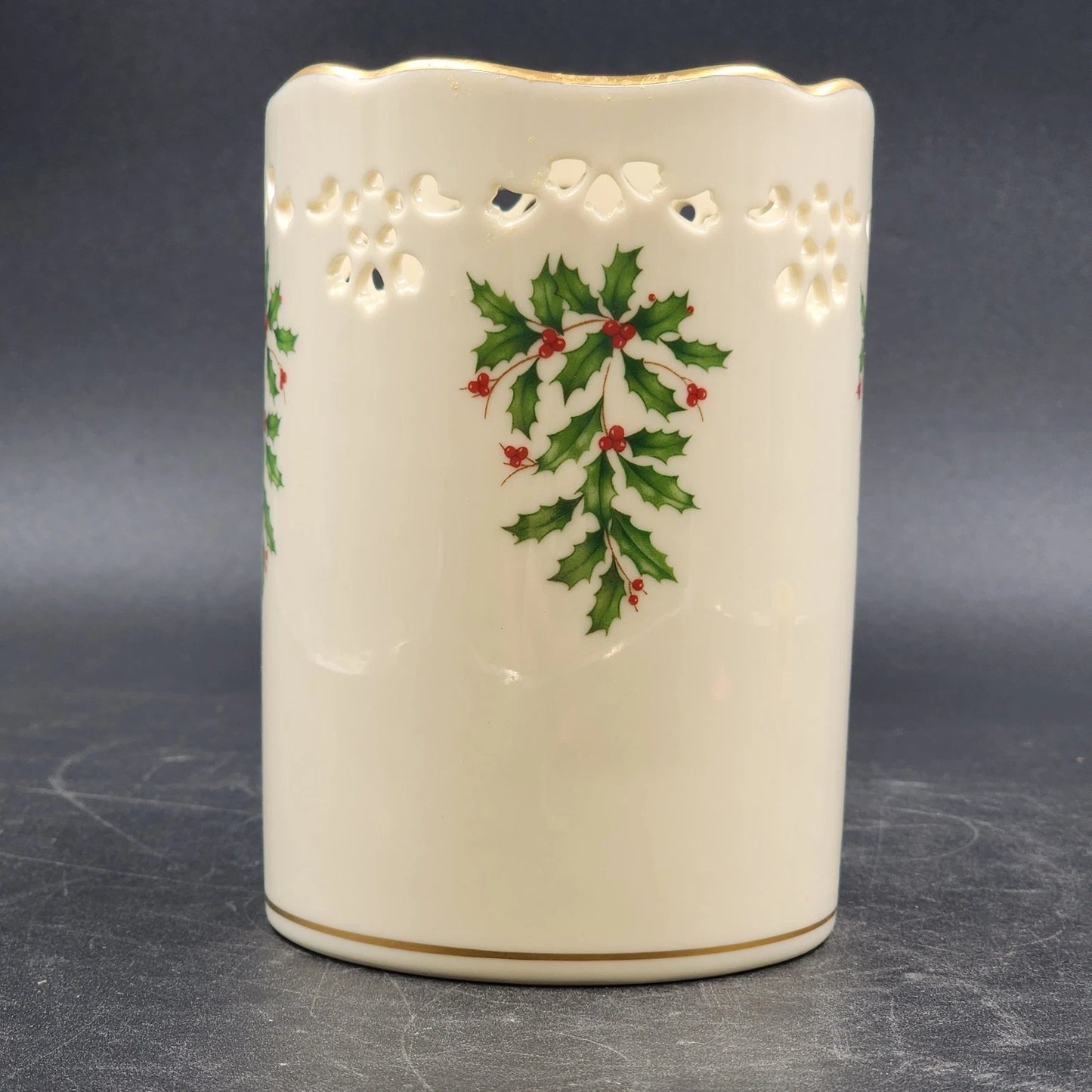 Lenox Pierced Holly Votive Candle Holder Vase Holiday Dimension Ivory Porcelain