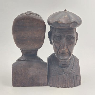 Hand Carved Wood Bookends Man & Woman Bust Folk Art Black Forest Vintage