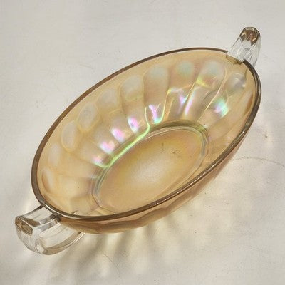 Jeannette Iridescent Carnival Glass Marigold Bowl Twin Clear Handle Large 10.5"