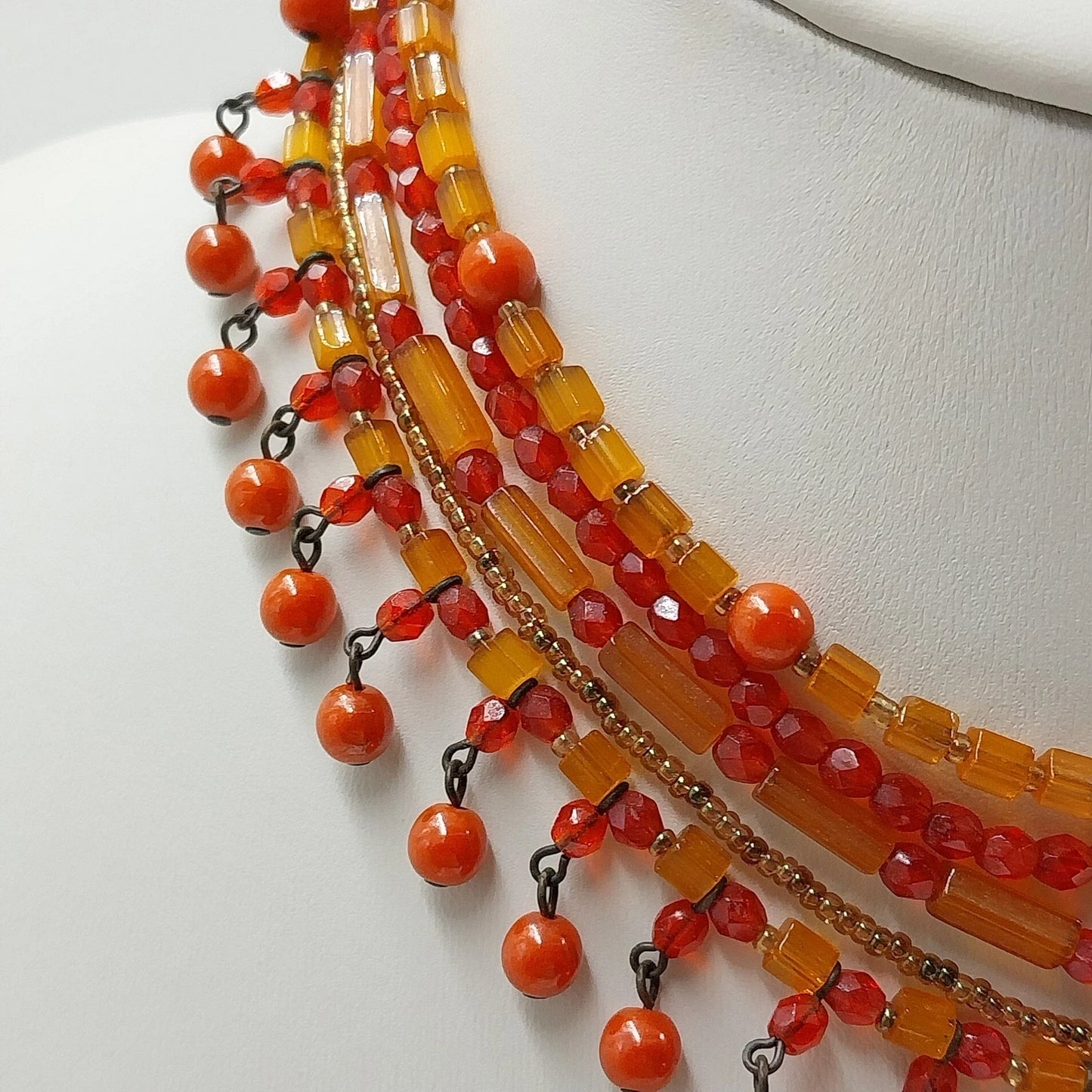 3 Necklaces Rope Chain Enamel Pendant Beaded & Satin Cord Mix Vintage Orange