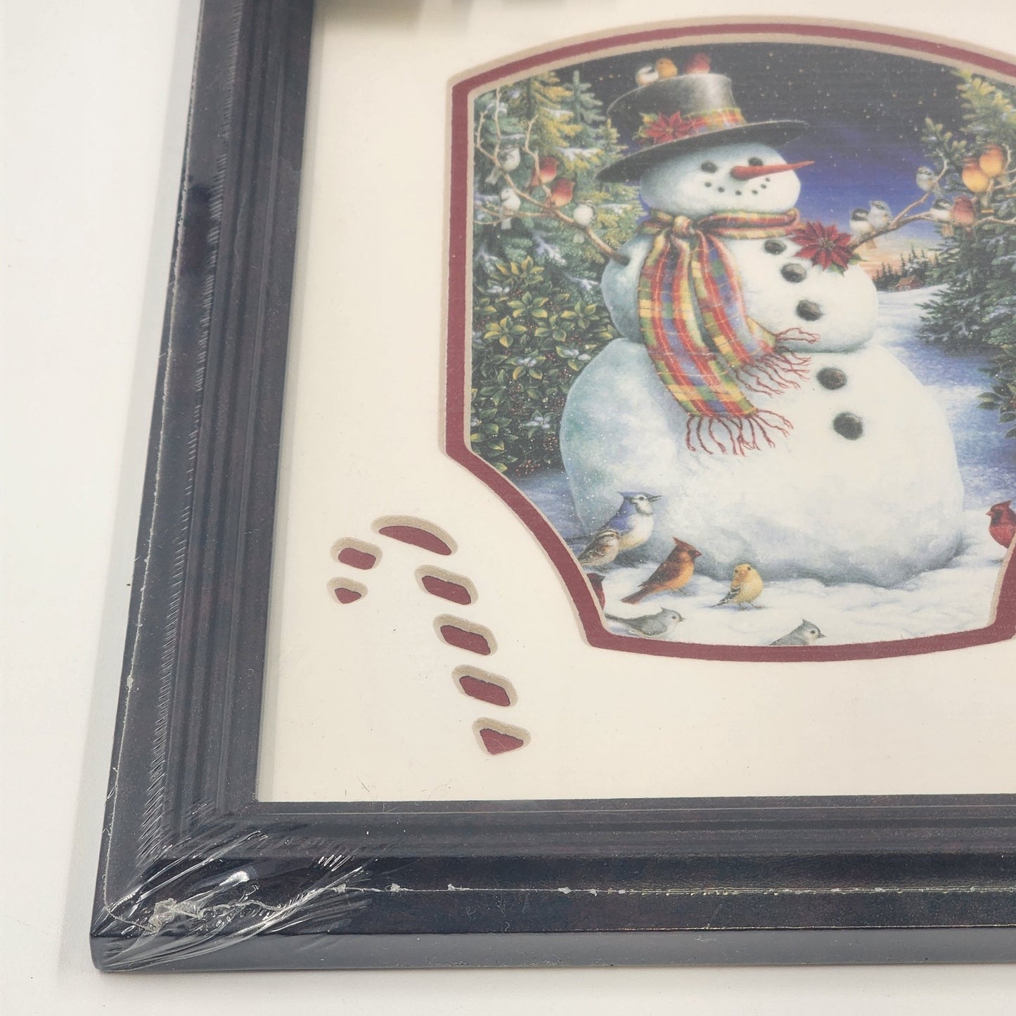 Feathered Friends Snowman Birds Framed Art 8x10 Sealed Matted Dark Wood Frame US