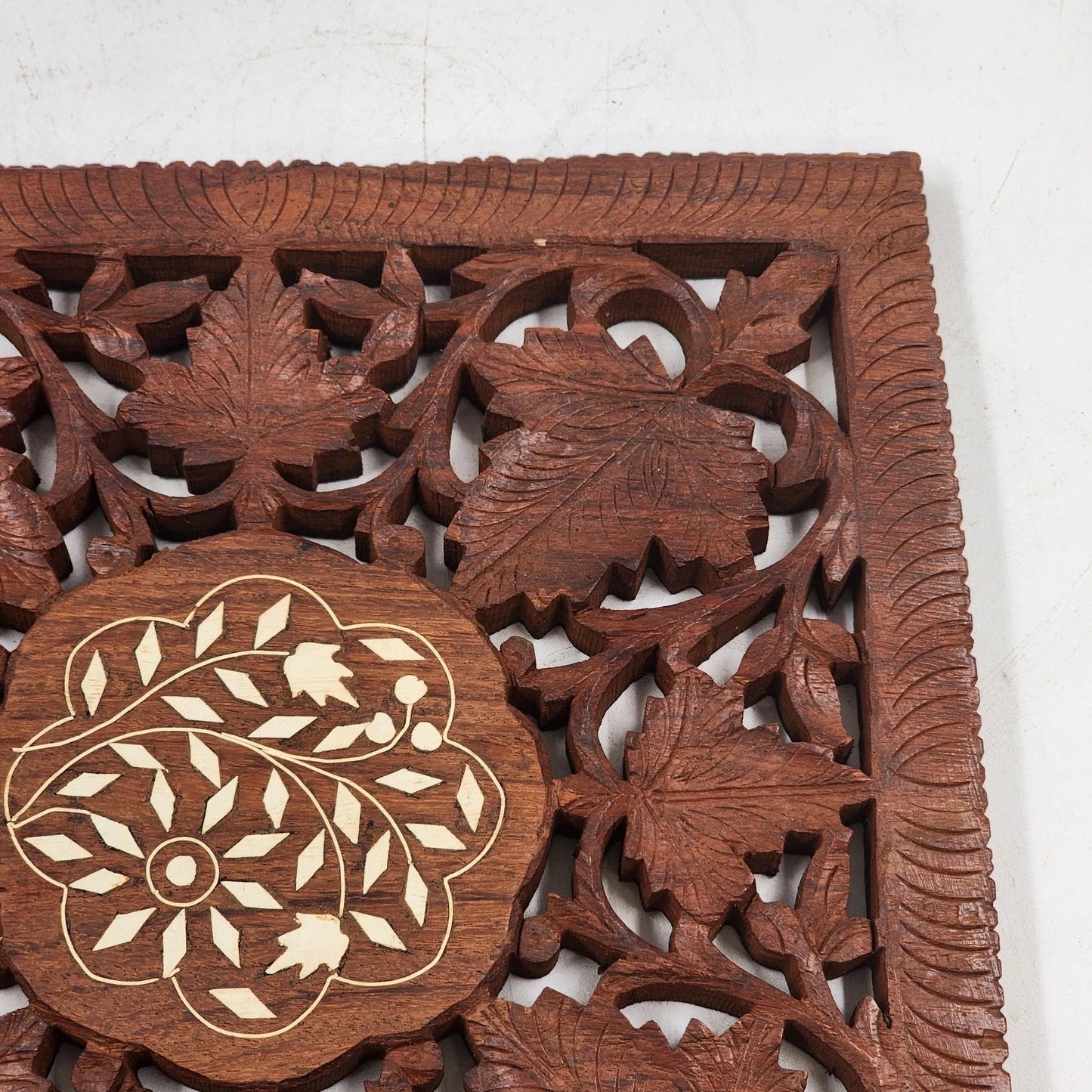Hand Carved Wood Trivet 8" Square Gold Inlay Floral Leaves Design India Vintage