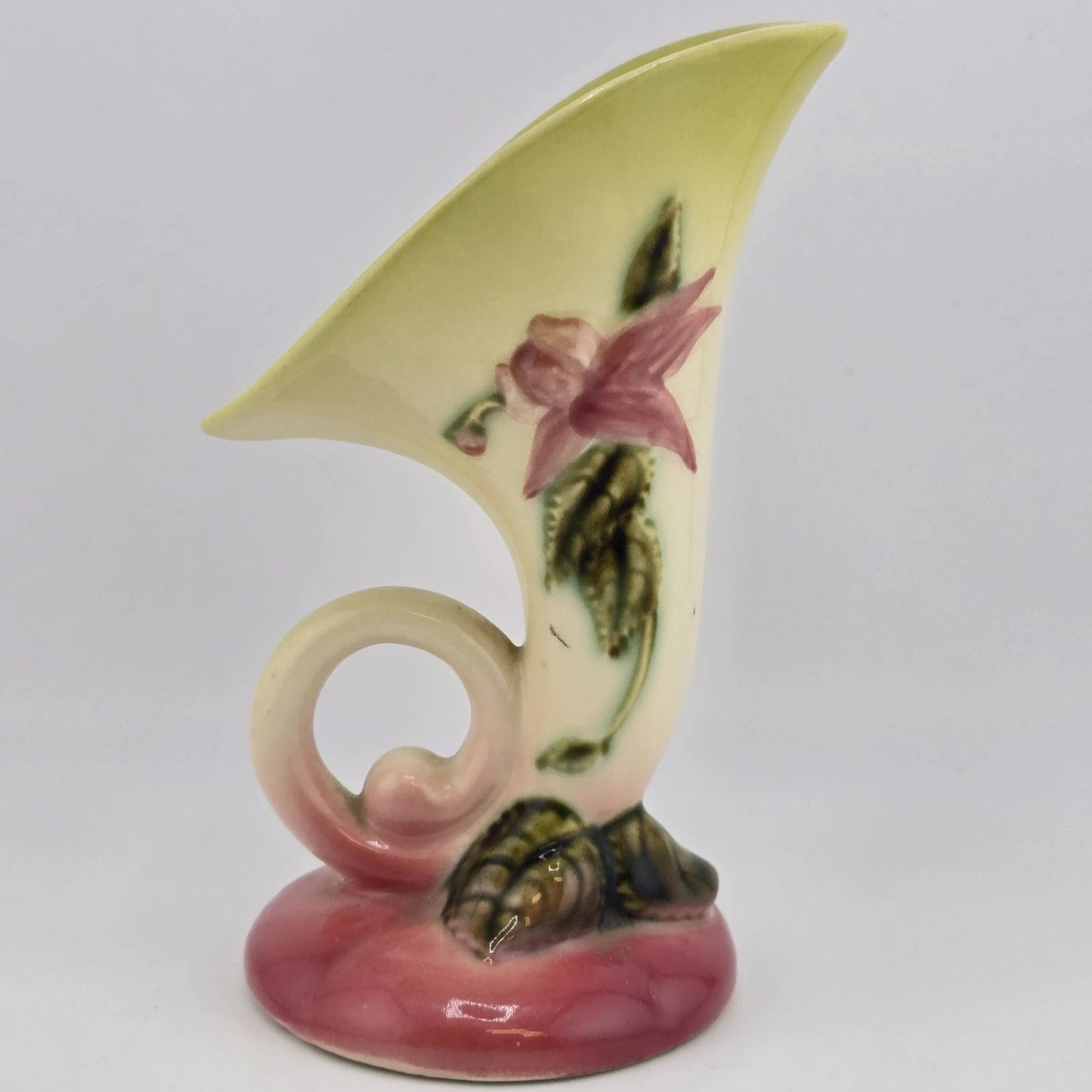 Hull Pottery W2 Woodland Cornucopia Vase 5.5" Chartreuse Pink Glossy 1950's Vtg