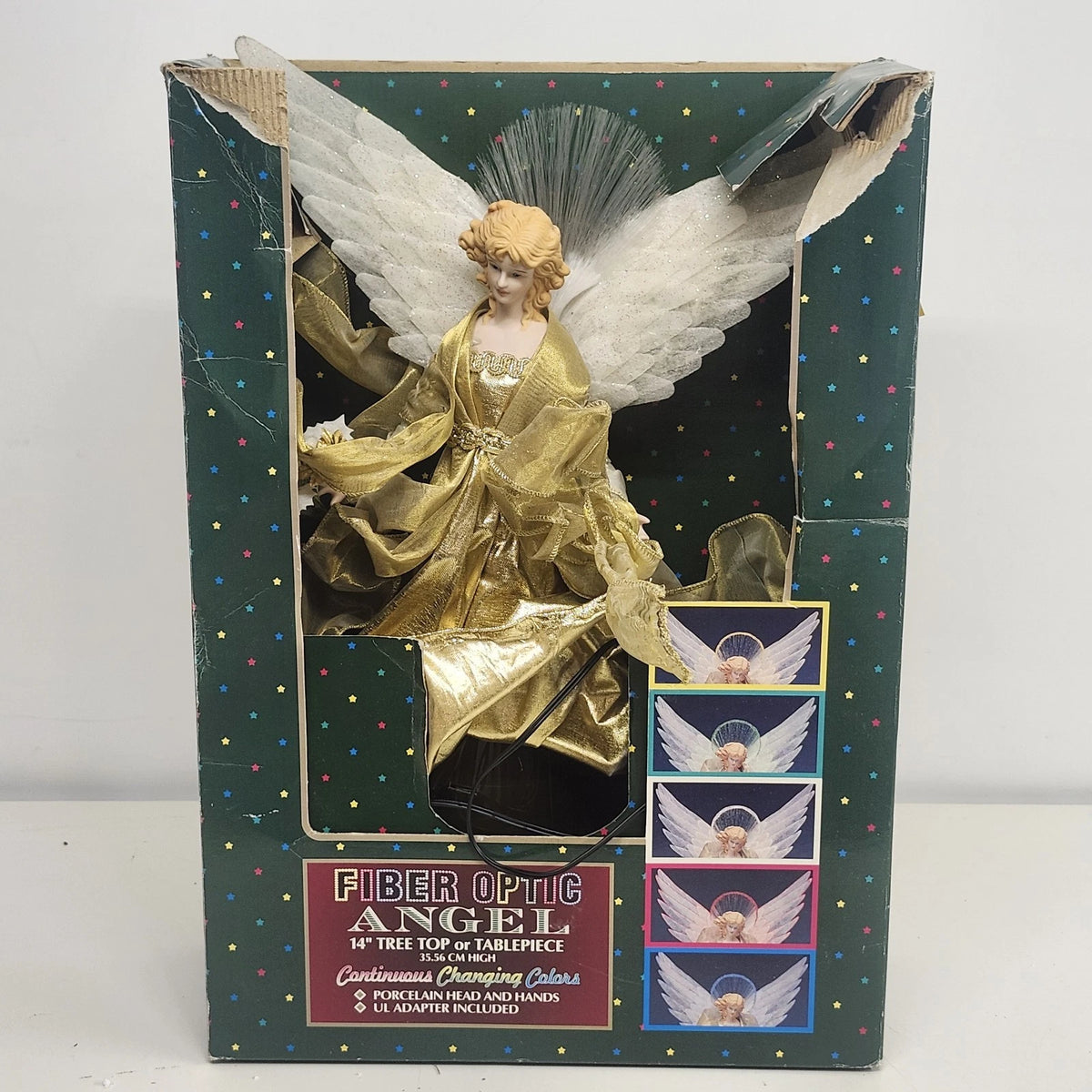 Bradford Novelty Fiber Optic Angel Tree Topper Gold 14" Color Changing w Box