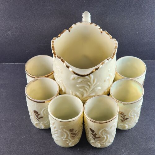 EAPG Northwood Louis XV Custard Glass Water Pitcher 6 Tumblers Gold Trim