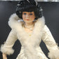 Porcelain Victorian Woman Ice Skater Doll White Faux Fur Gown Purse 21" Vintage
