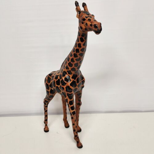 Leather Wrapped Giraffe Figurine Animal Vintage Large 18 Inch Tall Safari Décor