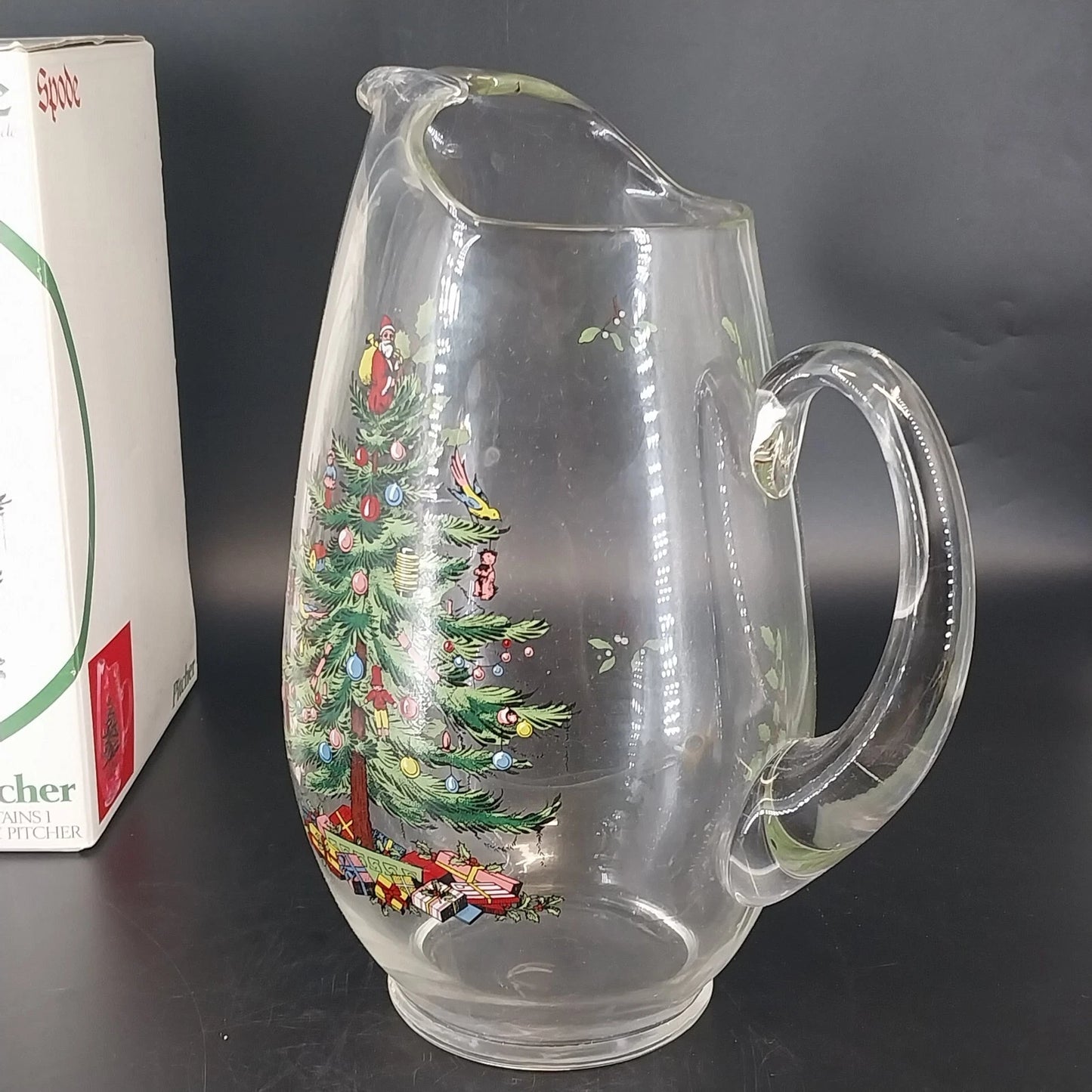 Spode Christmas Tree Santa Holly Clear Glass Ice Lip Pitcher 2½ Qt 10½" Vintage