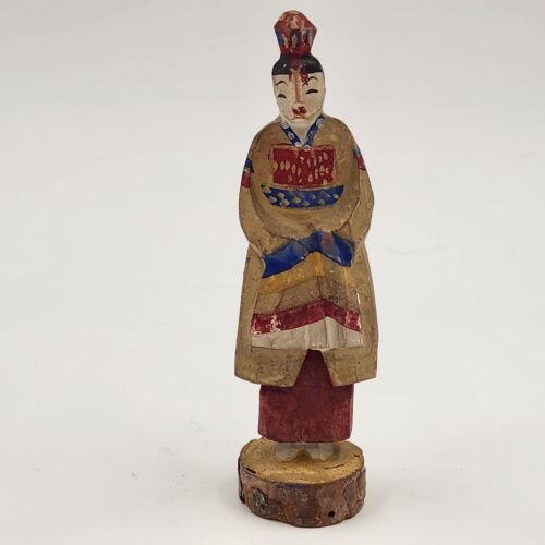 2 Korean Wooden Doll Figurines 5" Tall Hand Made & Painted Traditional Style Vtg