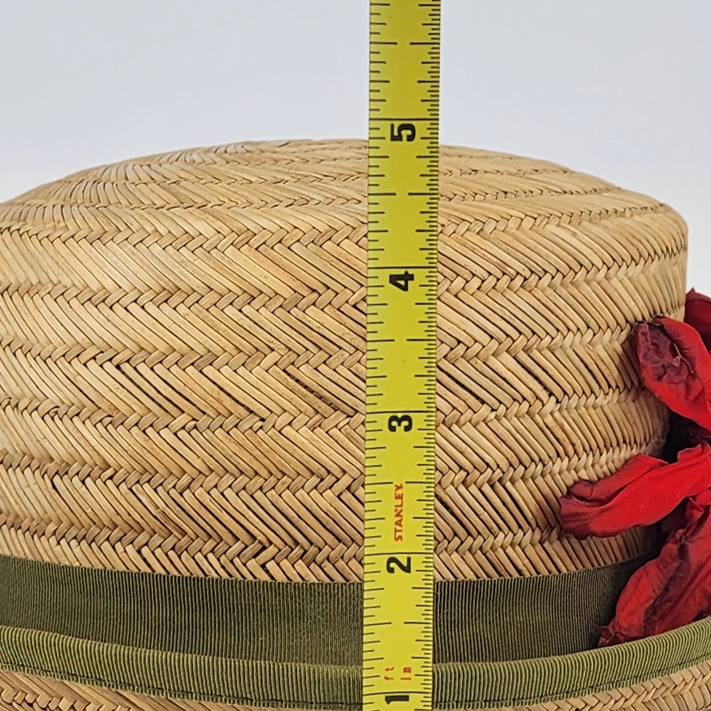 Vintage Straw Boater Hat Green Band Red Flower Ted Jacobs Box