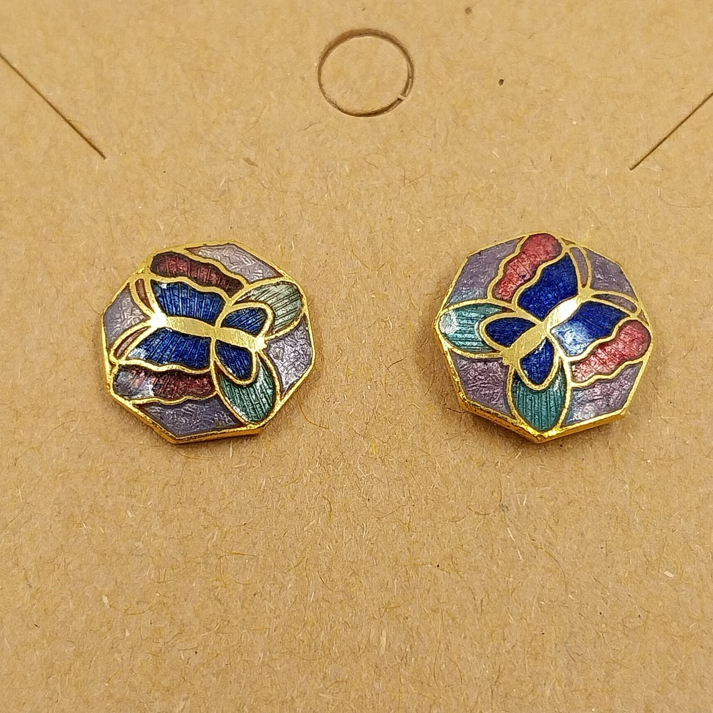 Set of 2 Gold Tone Cloisonné Stud Earrings Blue Floral & Butterfly