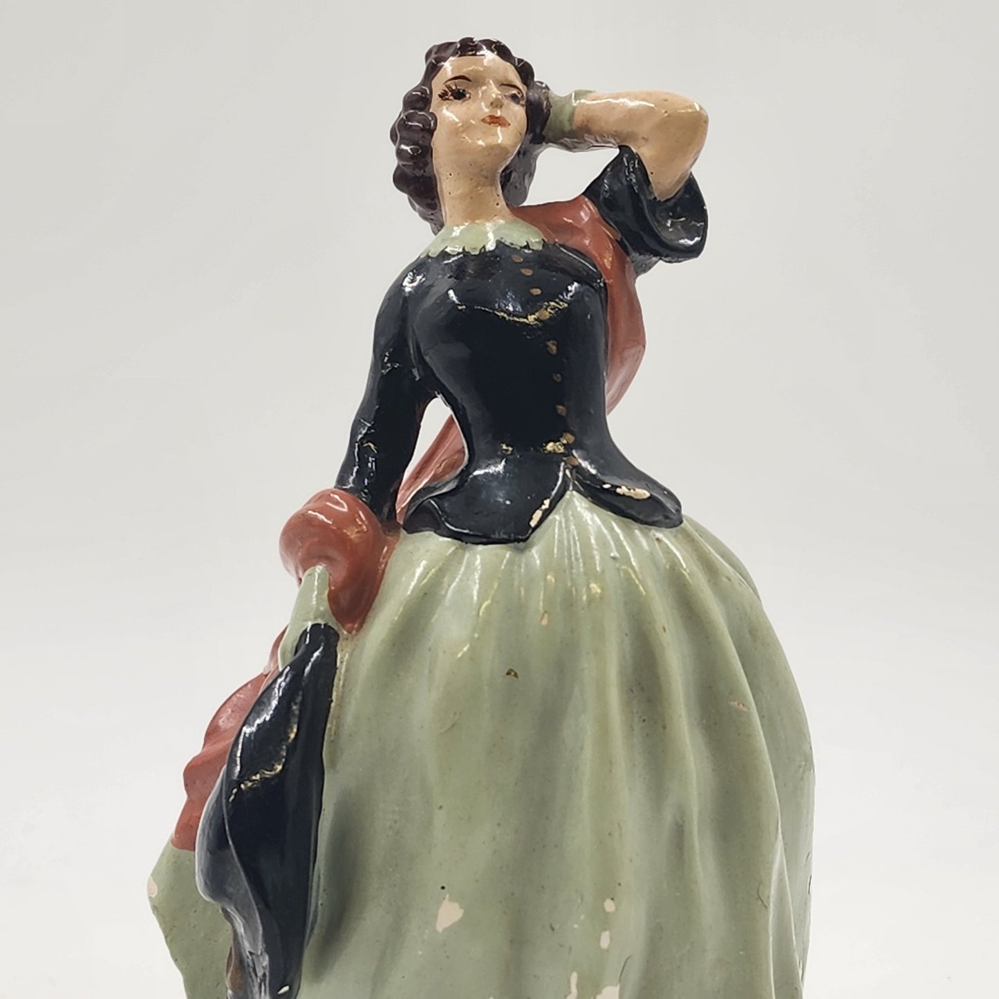 Chalkware Lady in Tex-Mex 19th Century Attire Black Top Green Skirt VTG