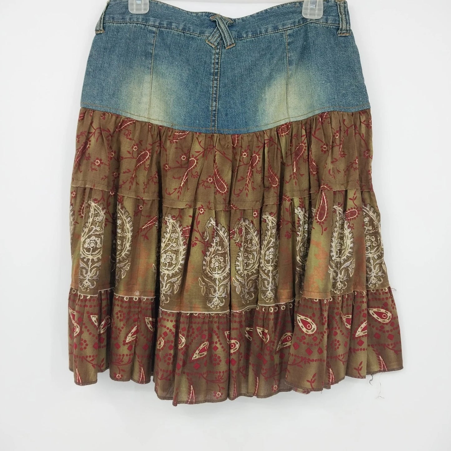 Younique Denim Patchwork Boho Midi Skirt Blue Brown Paisley Women Size 7 Button