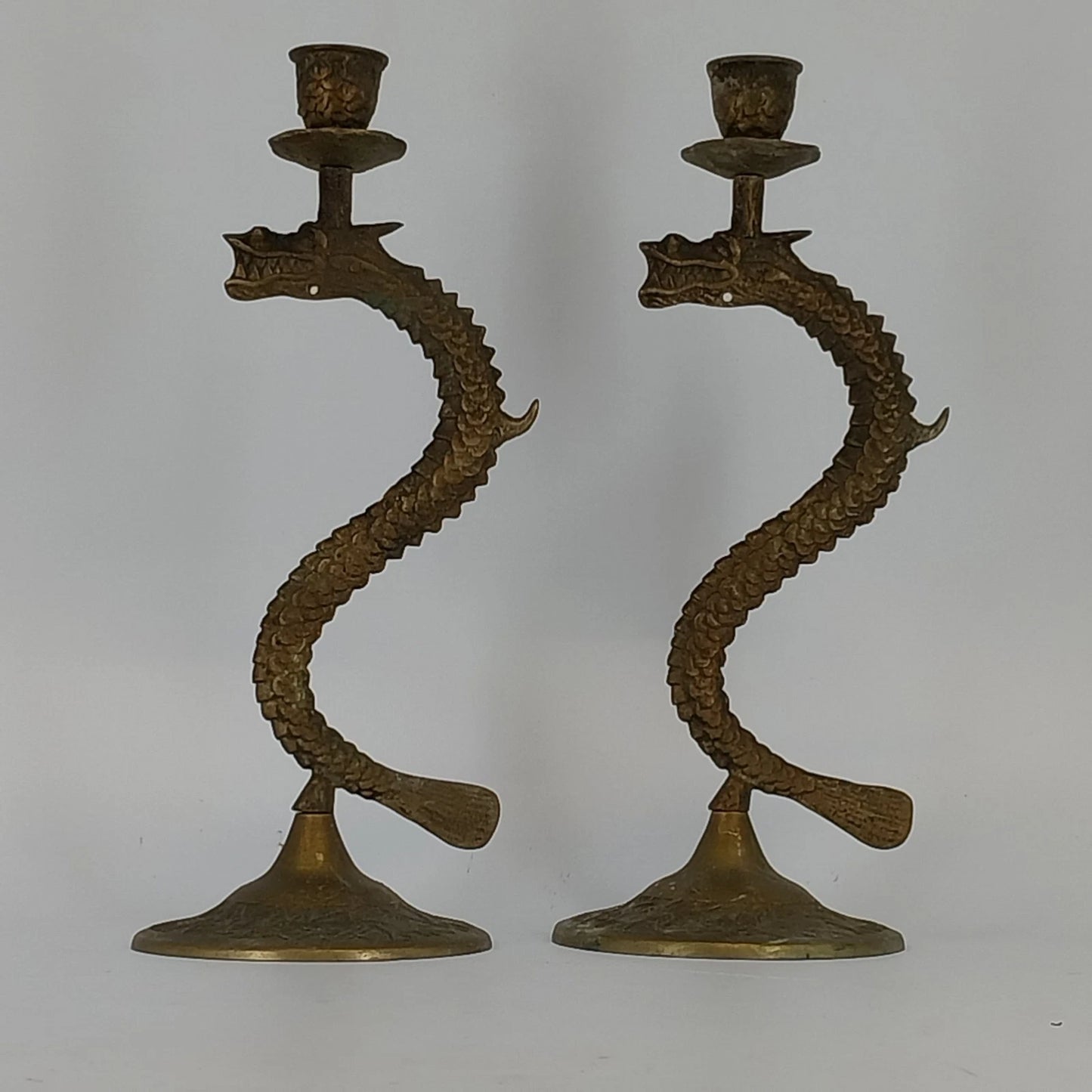 Vintage Brass Dragon Serpent Candlestick Holders Pair Korea