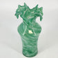 Green Art Glass Vase White Swirl Ruffled Scalloped Top Edge Hand Blown 9" Tall