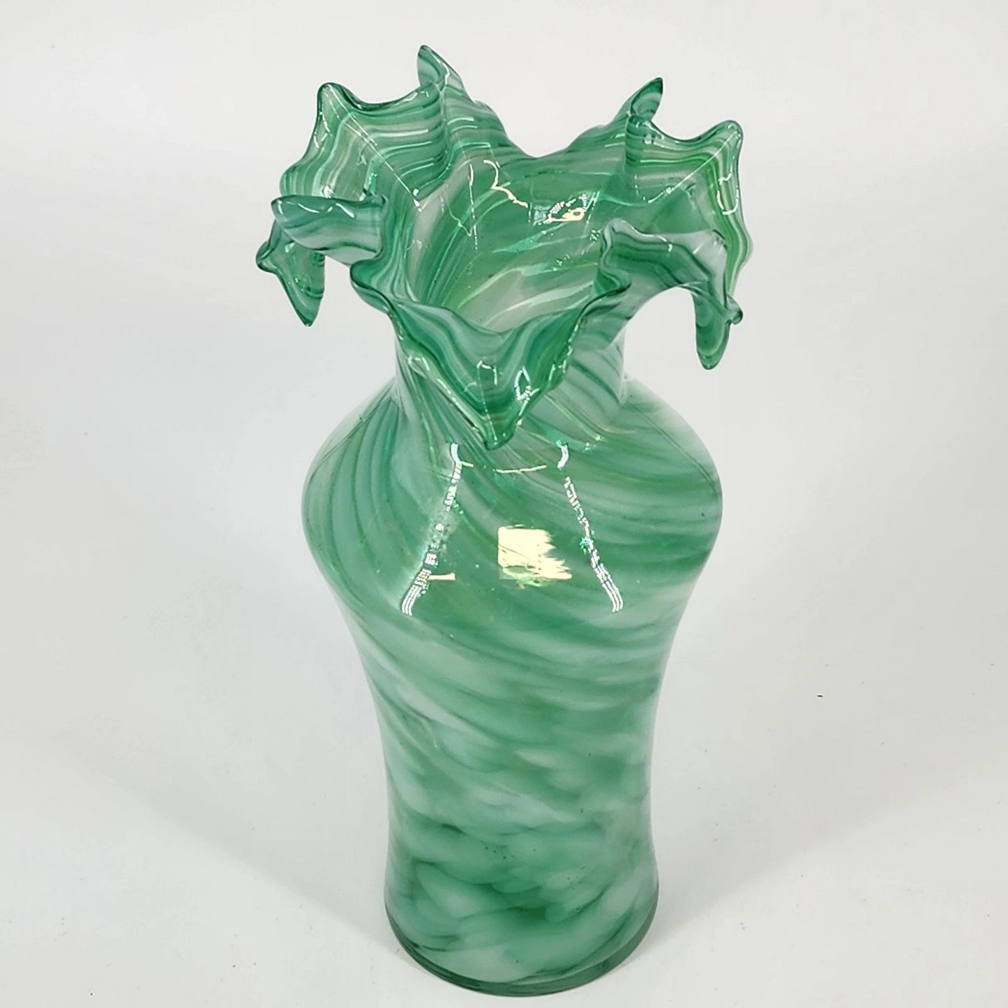 Green Art Glass Vase White Swirl Ruffled Scalloped Top Edge Hand Blown 9" Tall