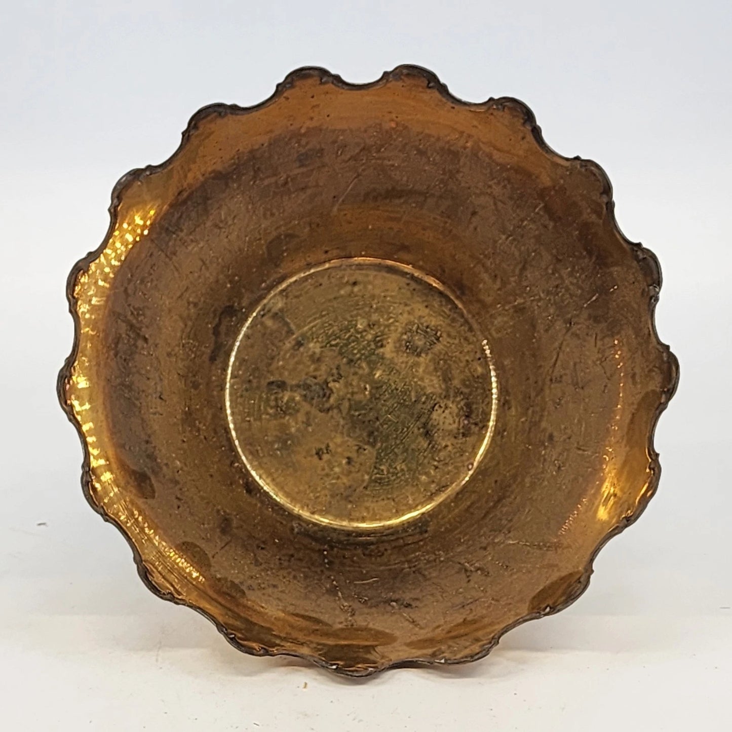 Brass Pedestal Bowl Scalloped Crown Rim 8" Monteith Style India Vintage Patina