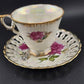Inarco Tea Cup E-1052 Saucer E-1662 Lusterware Roses Reticulated Edge Japan