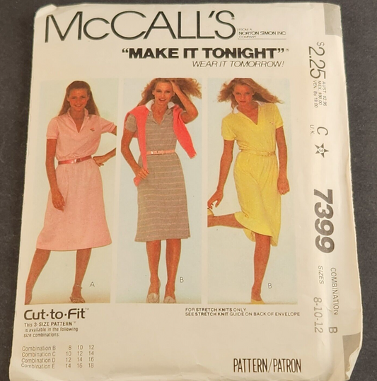 McCall's 7399 Vintage Sewing Pattern Misses' Stretch Knit Dress Sizes 8-18