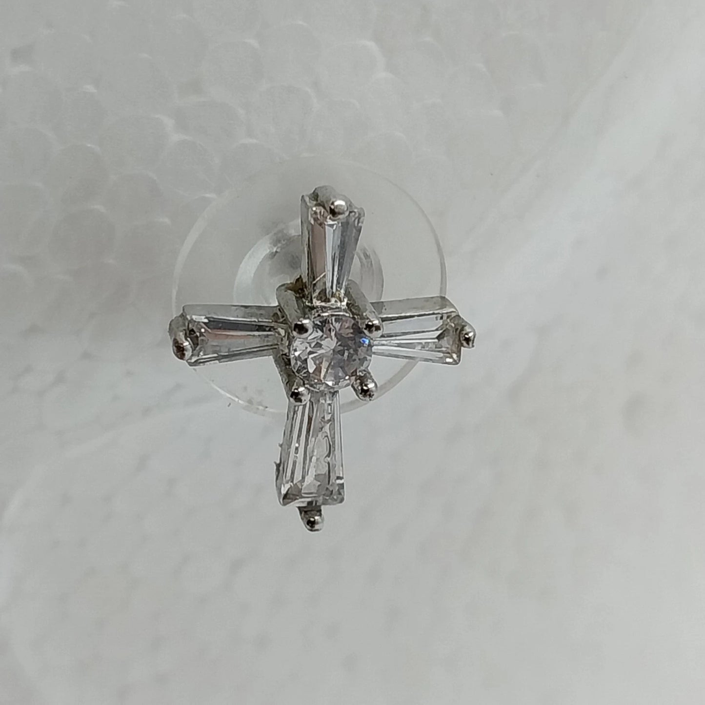 Silver Tone Cross Stud Earrings Clear Baguette Round Stones Religious Jewelry