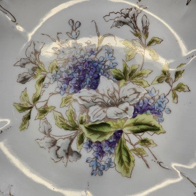 Porcelain White Decorated Plate Multicolor Floral Motif Gold Trim Embossed Edge