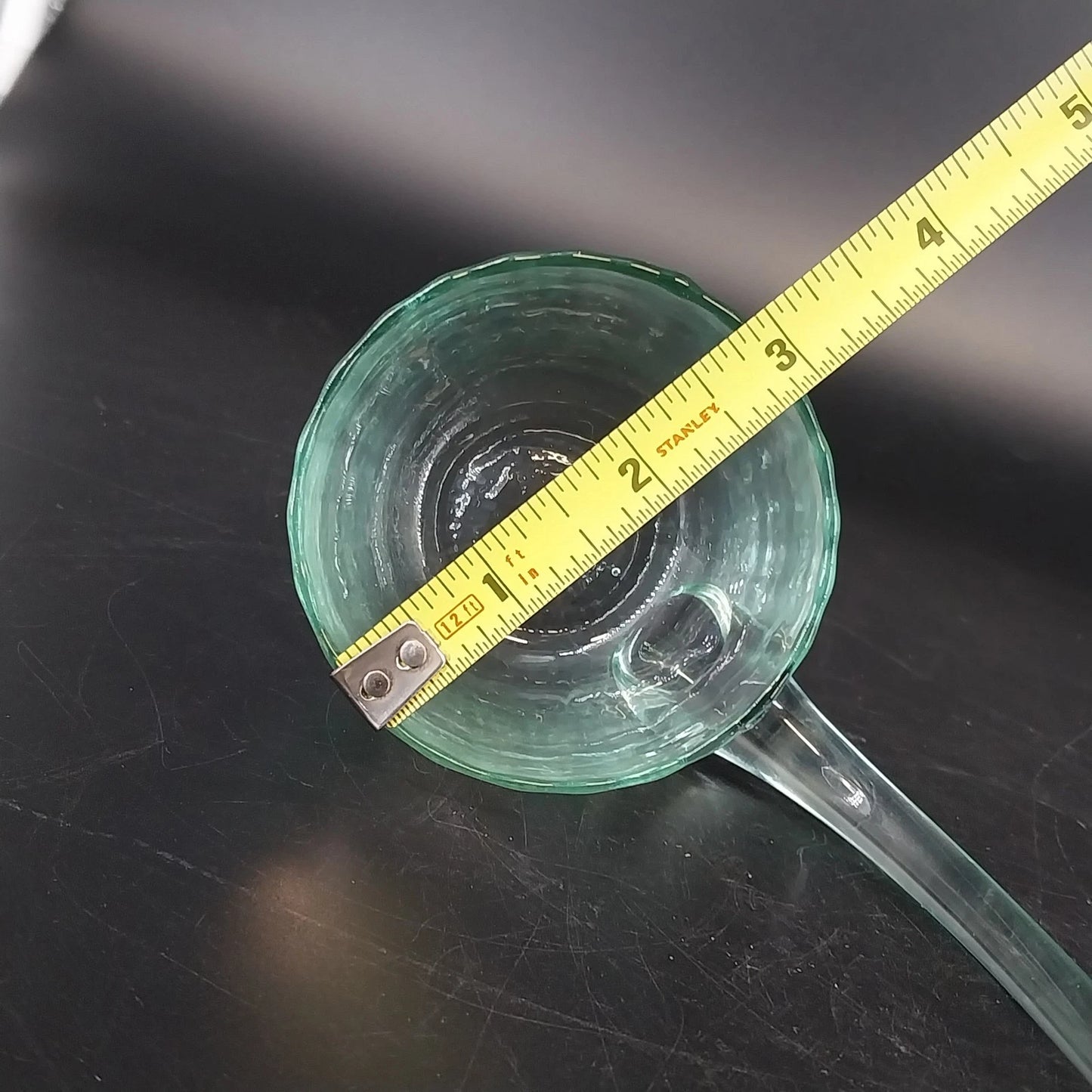 Hand Blown Glass Punch Bowl Ladle Green Tint Curved Handle 9in Large Dipper Vtg