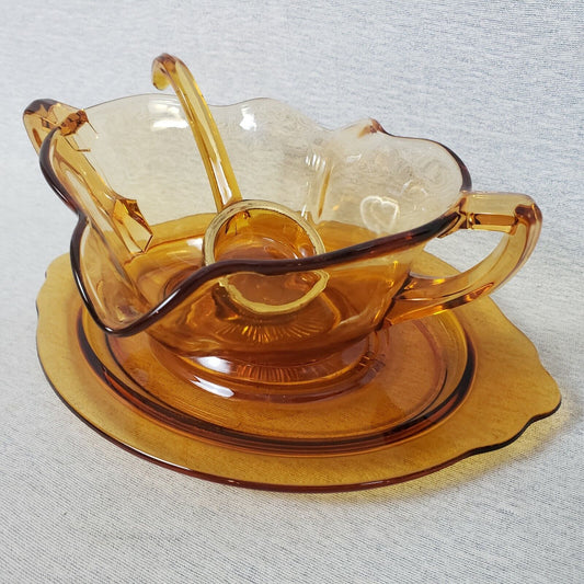 Vintage Cambridge Glass Amber Gravy Boat with Double Spout – #917 Bowl, 907 Stand, & 445 Matching Ladle – Elegant Depression Glass Serving Set