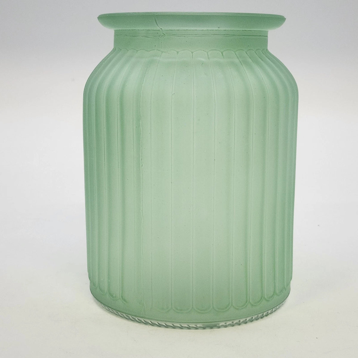 Frosted Glass Sage Green Vase 5.75" Textured Ribbed & Wide Flared Rim Vintage
