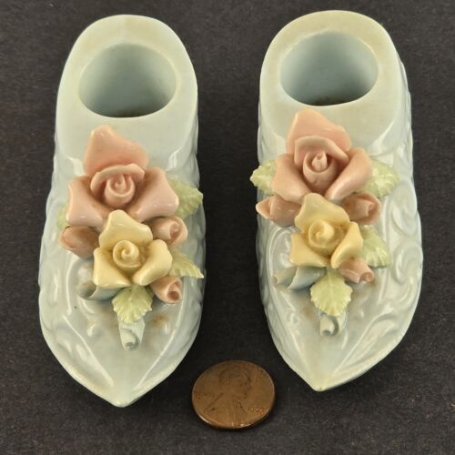 Ceramic Shoe Flowers Candle Stick Holder Pair Spring Roses Pink Japan 1950s VTG