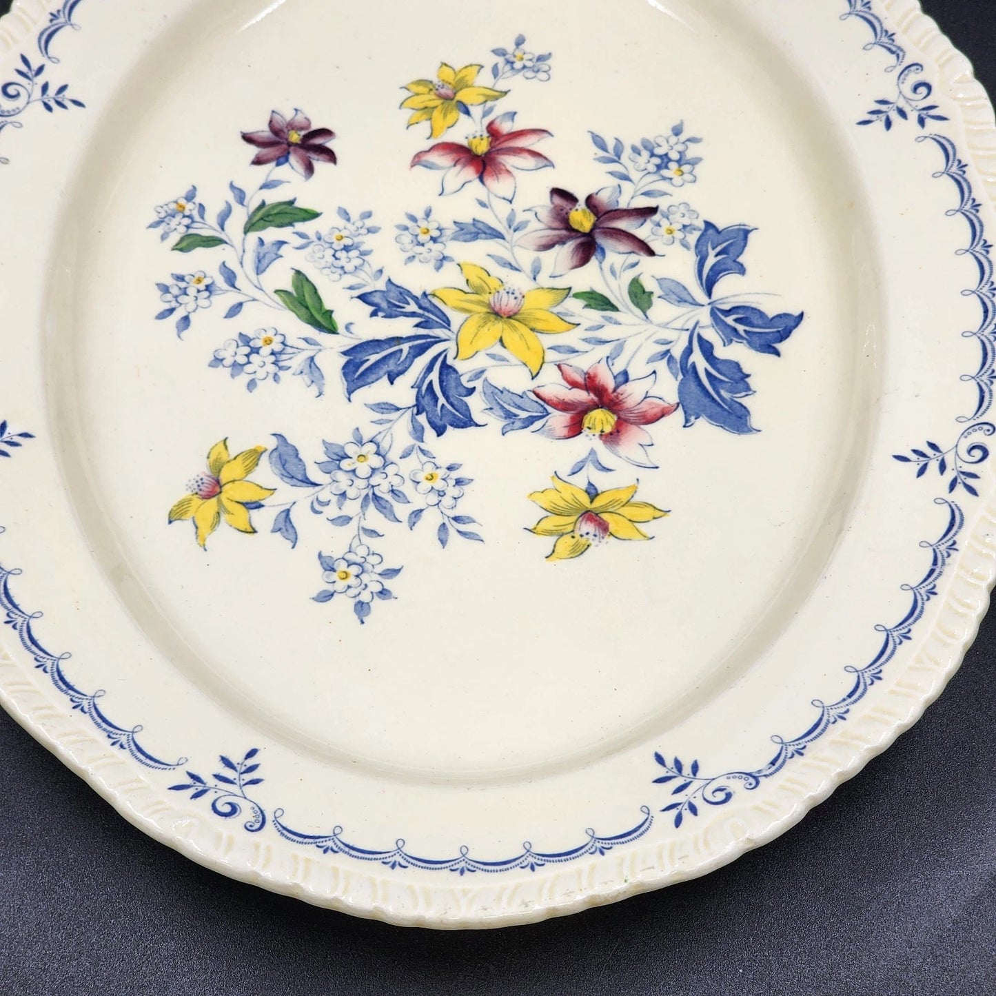 Ridgway’s Cornwall Oval Platter 14" Blue Gadroon Edge Floral Center Sheldon UK