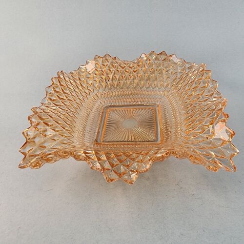 Candy Dish Indiana Glass Peach Color Diamond Point Ruffle Edge 6.5" Sq