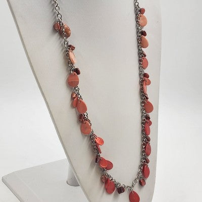 Necklace Silver Tone Pink Coral Shade Stone Beads 36" Long Lobster Closure