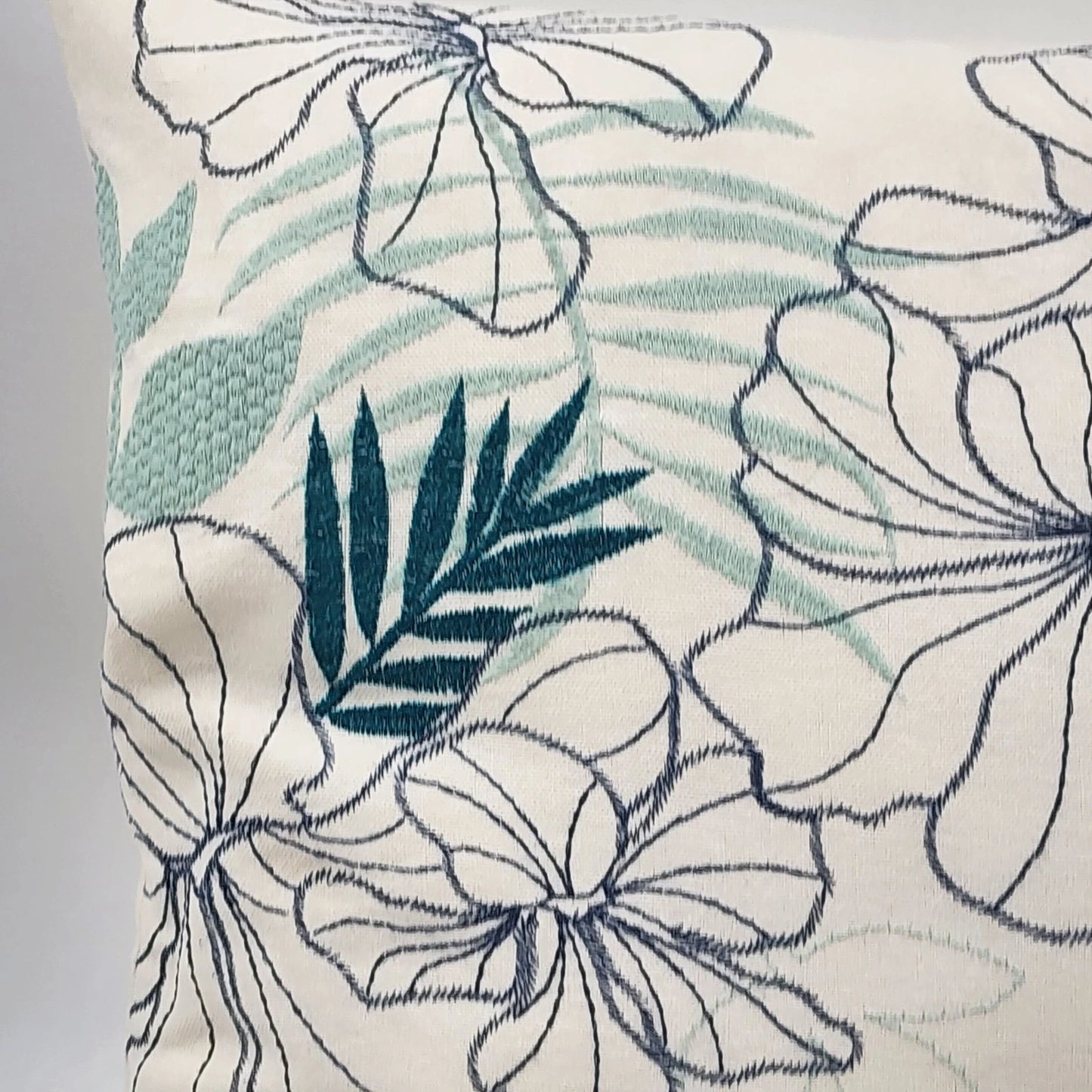 Decorative Down Throw Pillow 20"x20" White Green Embroidered Floral Leaf Pattern