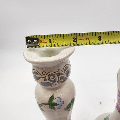 Ceramic Candlestick Holders 4"x 8" Hand Painted Pink Blue Floral Chinese Style