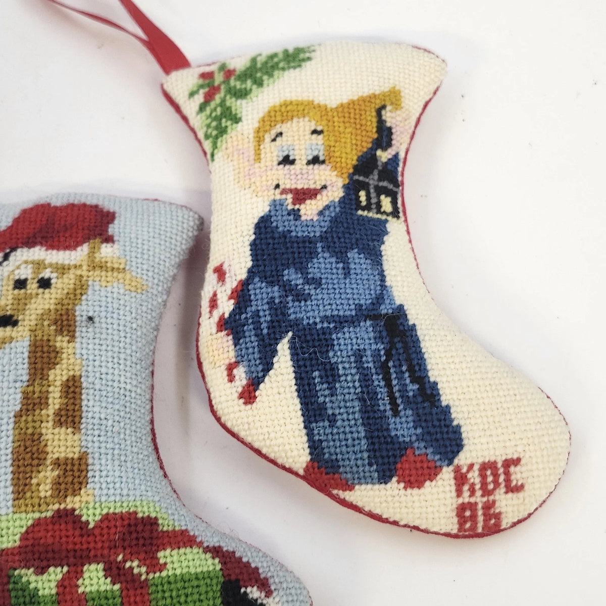 Needlepoint Christmas Stocking Socks Ornaments Giraffe & Angel Set of 2 Vintage