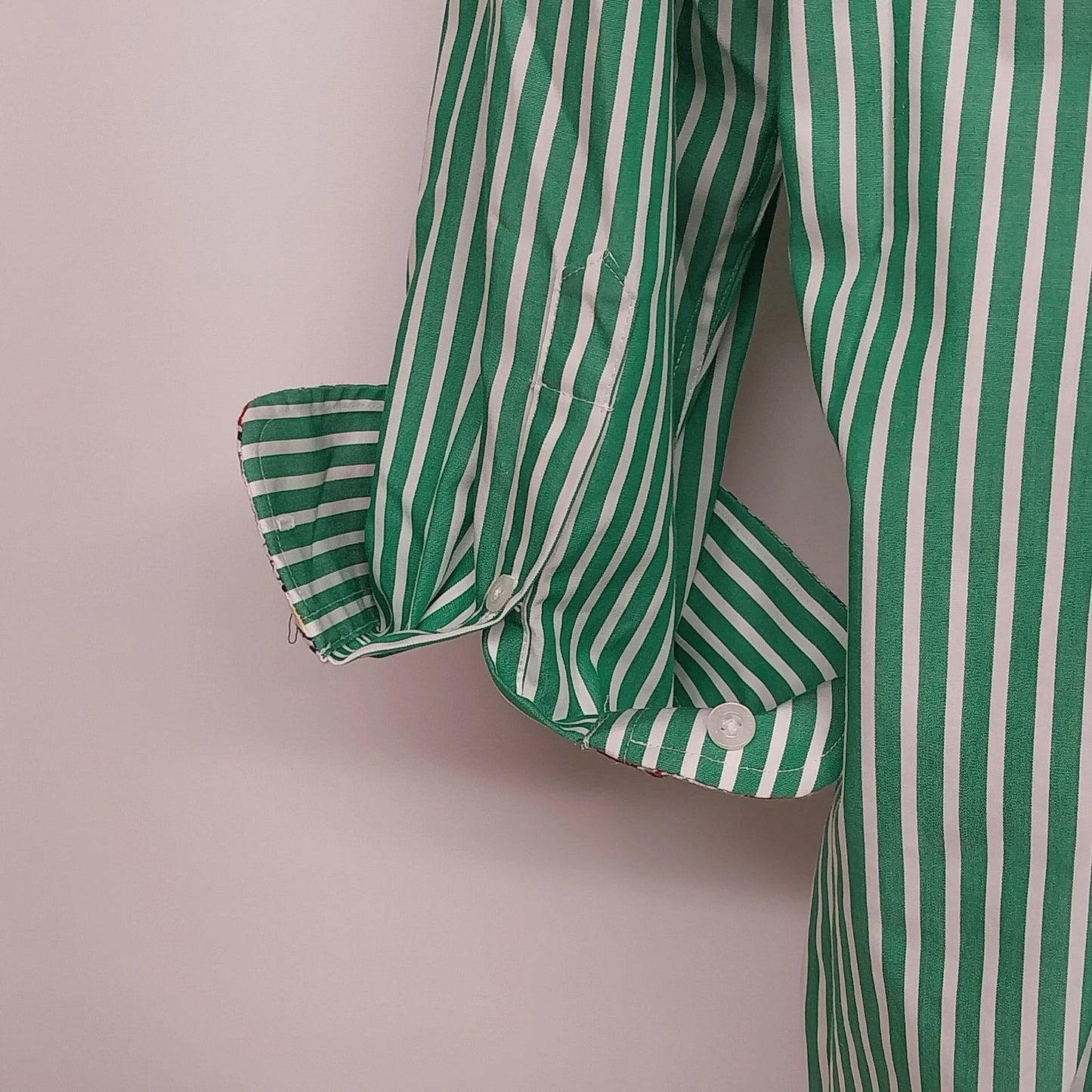 Chaps No Iron Green White Striped Button Front Shirt Women's L Red Paisley Cuffs