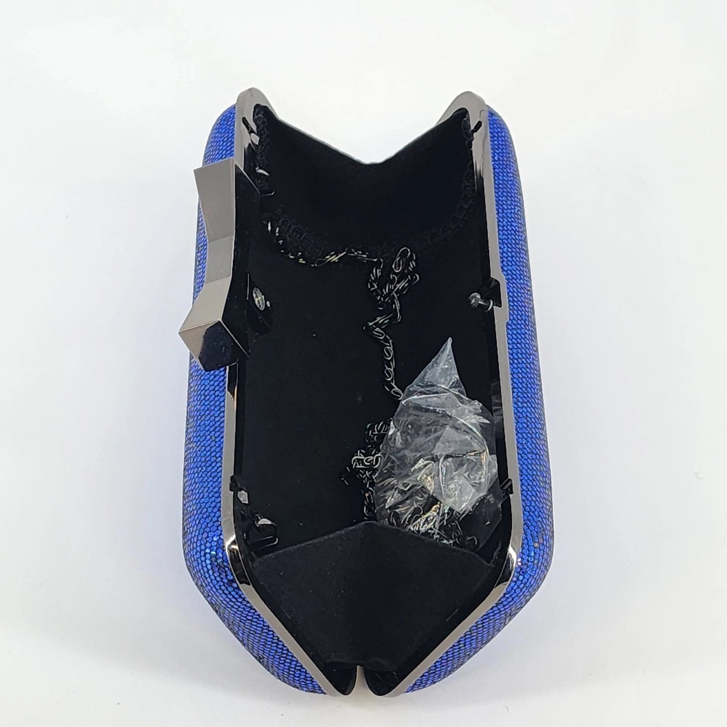 Blue Sparkle Bow Hard Shell Clutch Crossbody Purse Gunmetal Chain Strap 7"