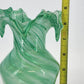 Green Art Glass Vase White Swirl Ruffled Scalloped Top Edge Hand Blown 9" Tall