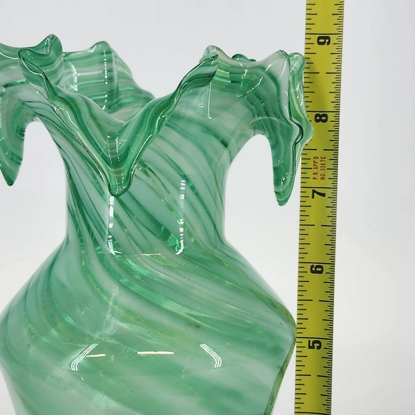 Green Art Glass Vase White Swirl Ruffled Scalloped Top Edge Hand Blown 9" Tall
