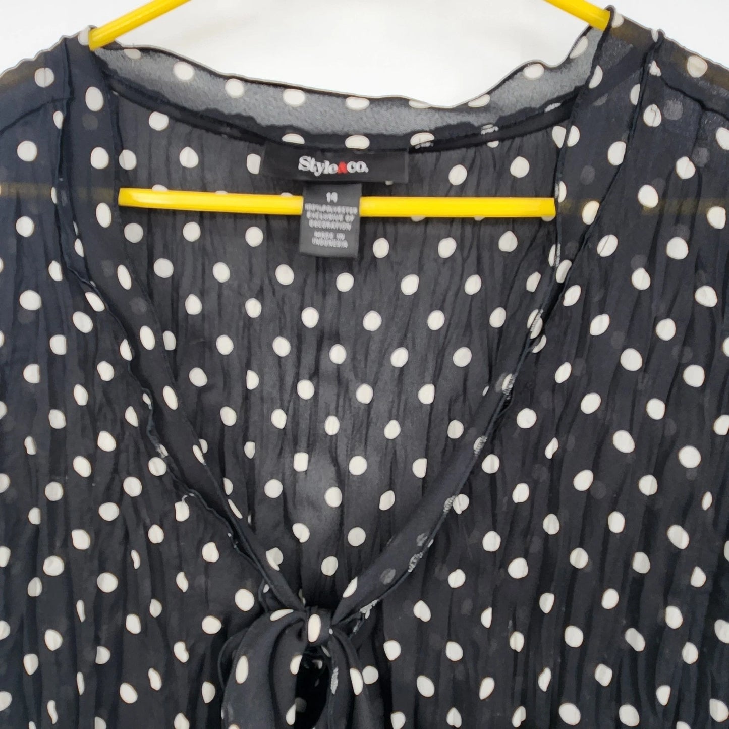 Style & Co Tunic Top Women 14 Black White Polka Dot Long Sleeve Blouse Polyester