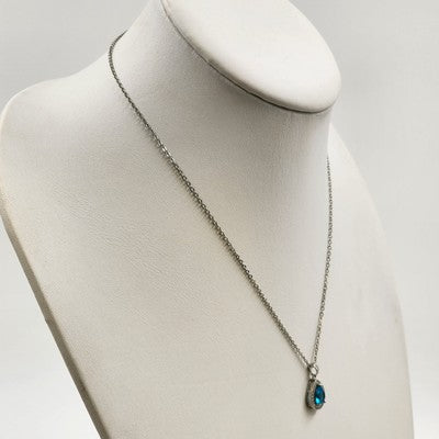Silver Tone Chain w White Gold Plated Austrian Blue Teardrop Stone Necklace 10"