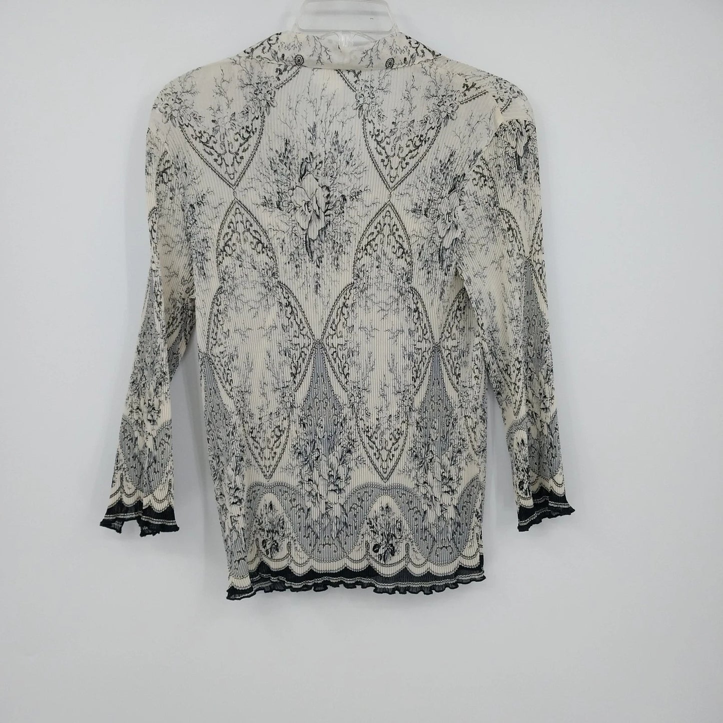Nicola Paisley Pleated Blouse Black White Button Front 3/4 Sleeve Medium