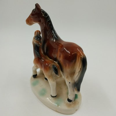 Equestrian Horse Mare & Colt Figurine Brown Black White Ceramic Vintage Japan 7"