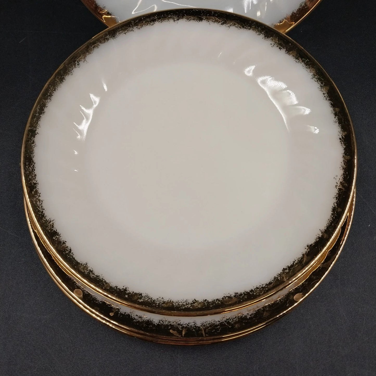 4 Fire-King Anchor Hocking White Swirl Milk Glass Salad Plates Gold Trim USA Vtg