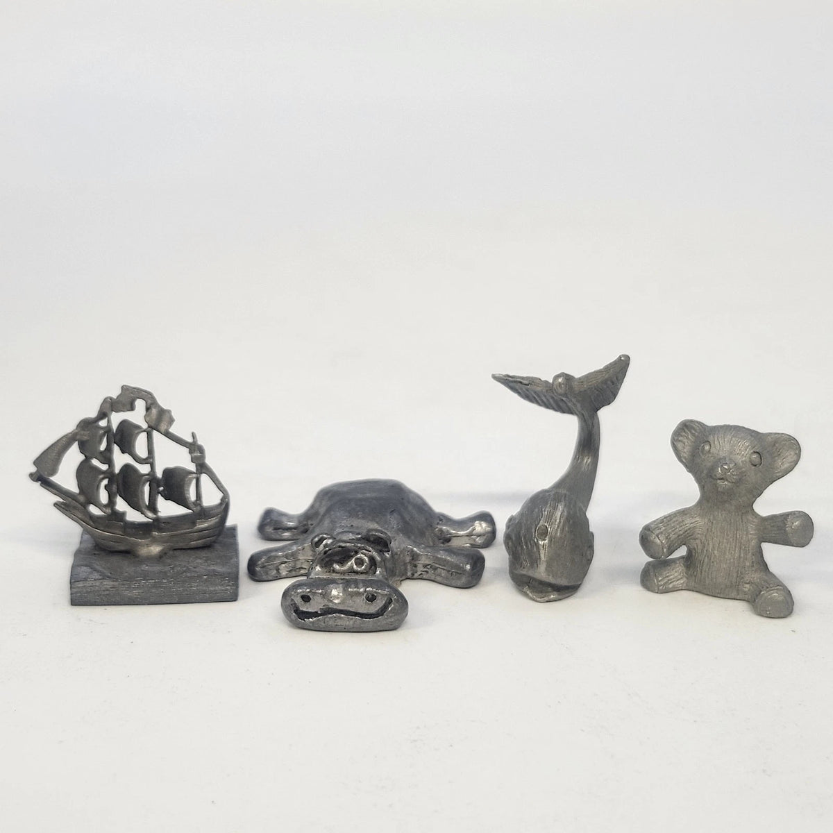 Pewter Figurine Lot 4 Whale Hippo Teddy Bear Sailing Ship Sculpted Animals Vtg