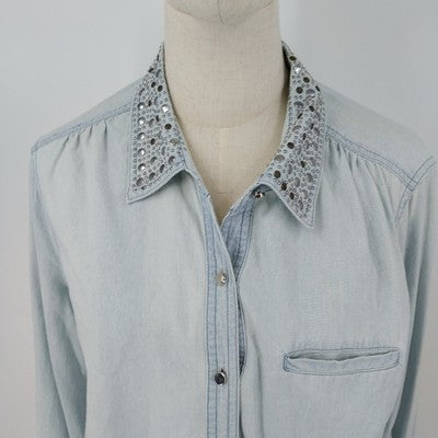 NY Collections Faded Blue Long Sleeve Button Front Shirt Blouse XL