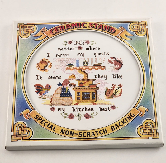 Springdale Ceramic Trivet Crossstitch Home Kitchen Vintage Boxed NOS England 6"