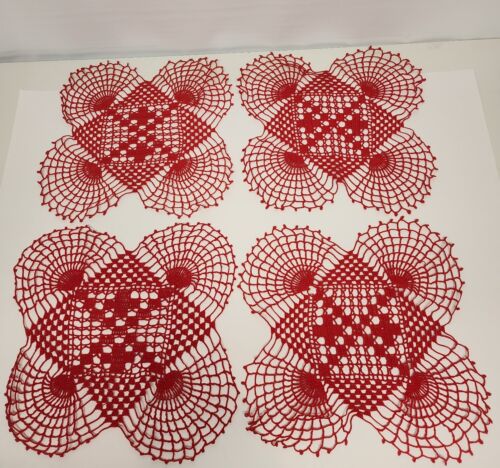 4 Red Square Doily 16" Crochet Lace Butterfly Rounded Valentine BOHO Table Scarf